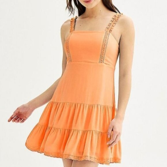 NEW Love Fire Ruffle Strap Tiered Empire Waist Mini Dress Orange Juniors L - Picture 1 of 13